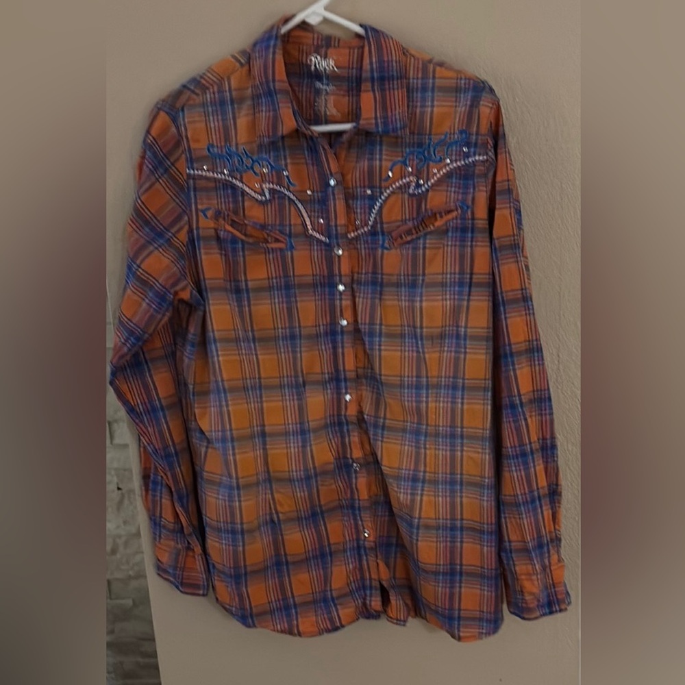 Rock 47 Wrangler Women’s Plaid Embroidered Rhinestone Snap Buttons SZ XL